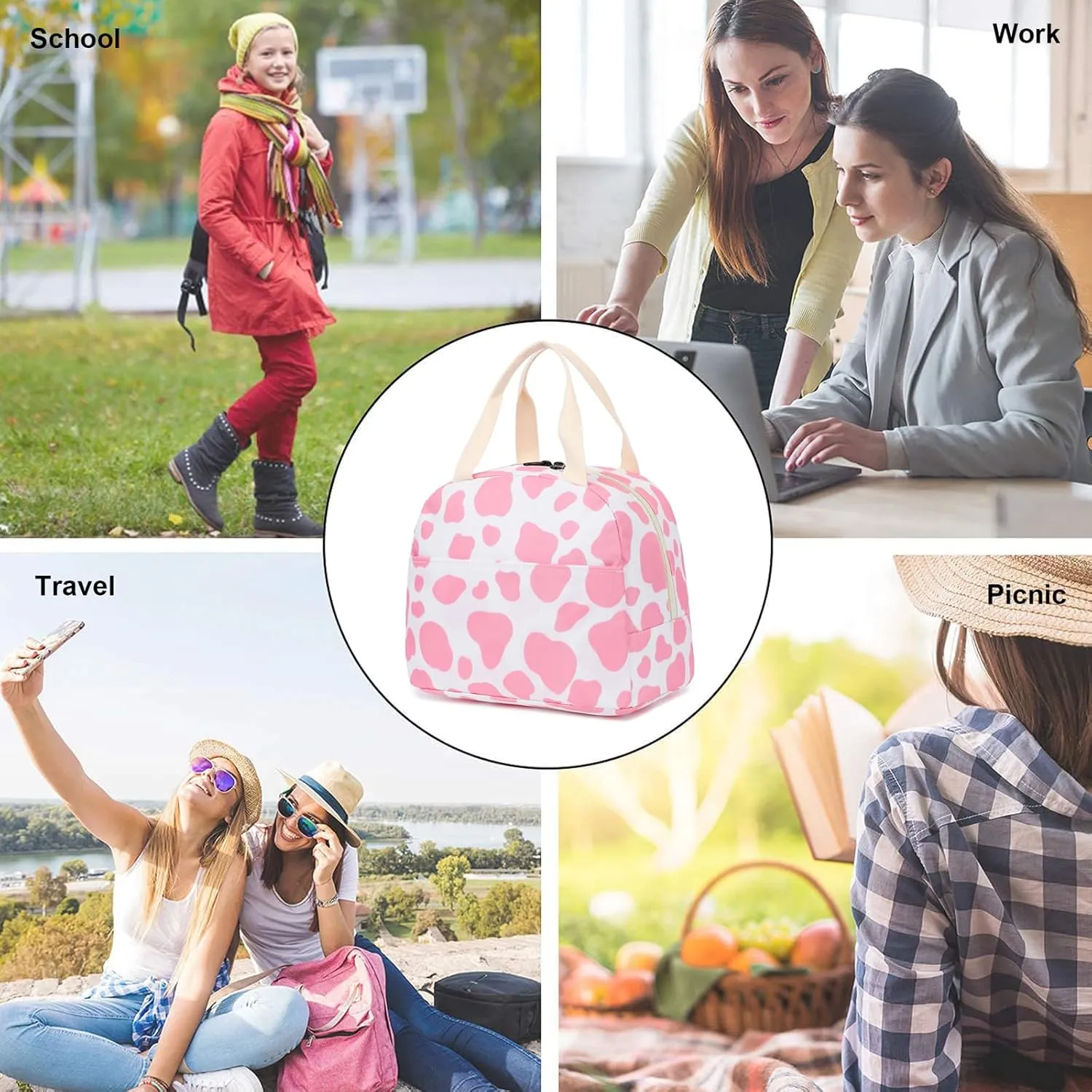 Cow Print Insulated Lunch Bag for Women Girls, Reusable Lunch Box Picnic Tote Bags for Adults Kids School Work Travel (Pink)