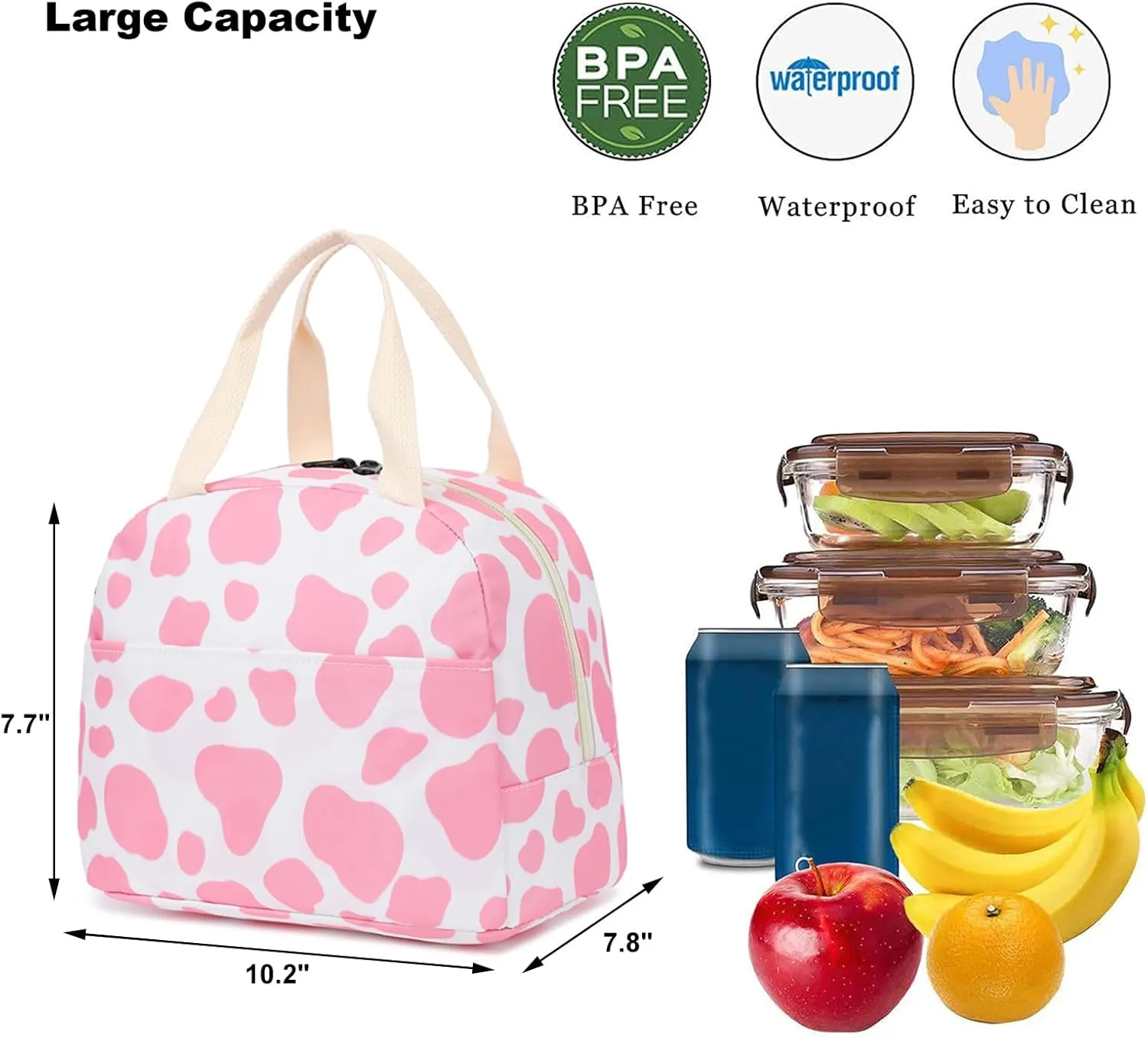 Cow Print Insulated Lunch Bag for Women Girls, Reusable Lunch Box Picnic Tote Bags for Adults Kids School Work Travel (Pink)