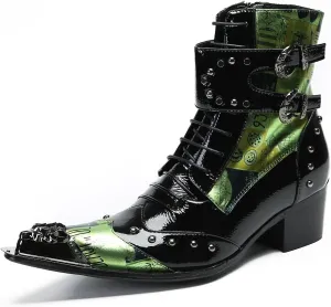 Cowboy Boots for Men Casual Dress Mid Top Boots Metal-Tip Toe Genuine Leather Double Buckles Beads Western Boots Fashion Bar Singer Party Prom Wedding Tuxedo Chelsea Boots for Men