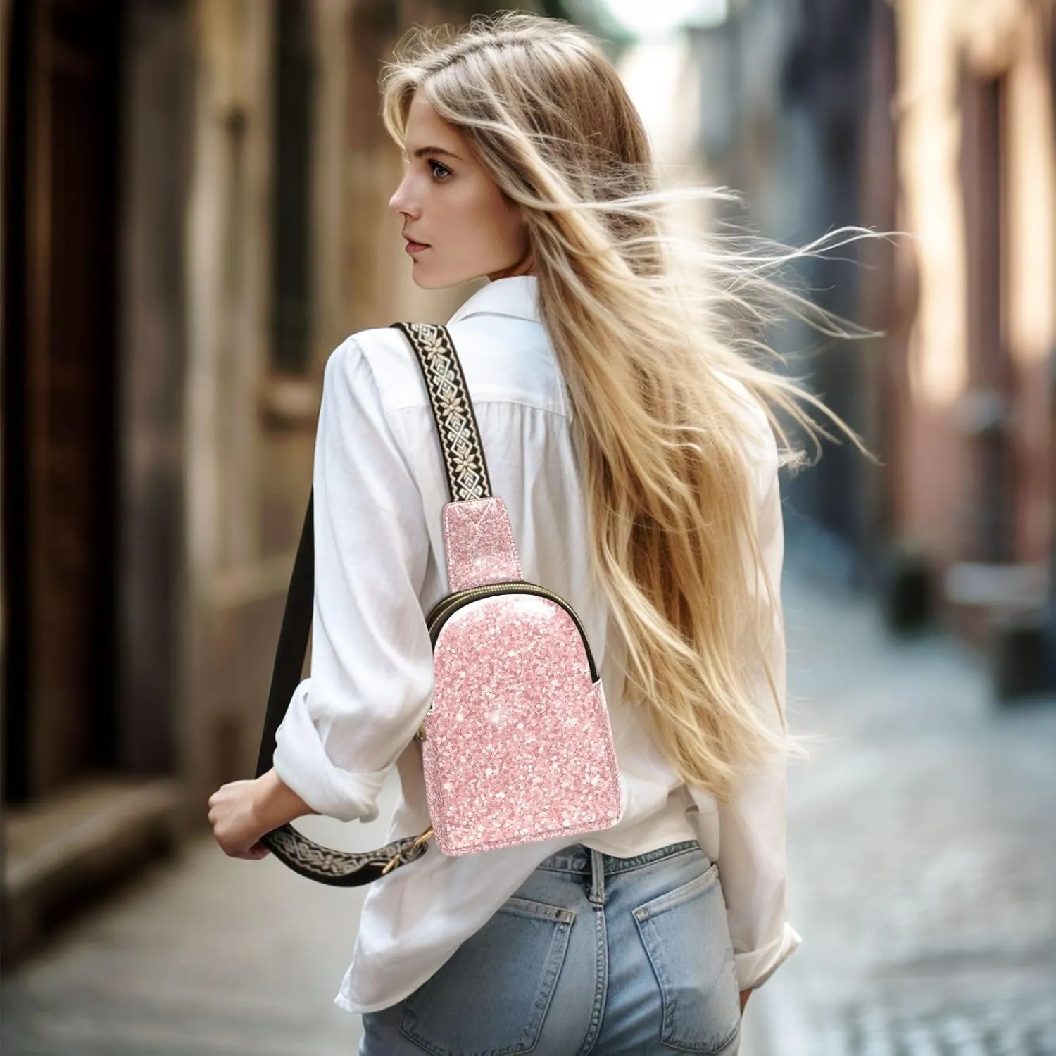 Crossbody Sling Bag for Women Leather Shoulder Chest Bag Small Fanny Pack for Hiking Travel