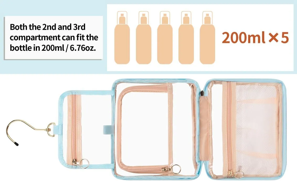 CUBETASTIC Hanging Travel Toiletry Bag, Clear Makeup Bag, Transparent 3 Comparment Small Travel Bag Cosmetic Organizer Case Portable Skincare Pouch with Handle (Blue, Small (Pack of 1))