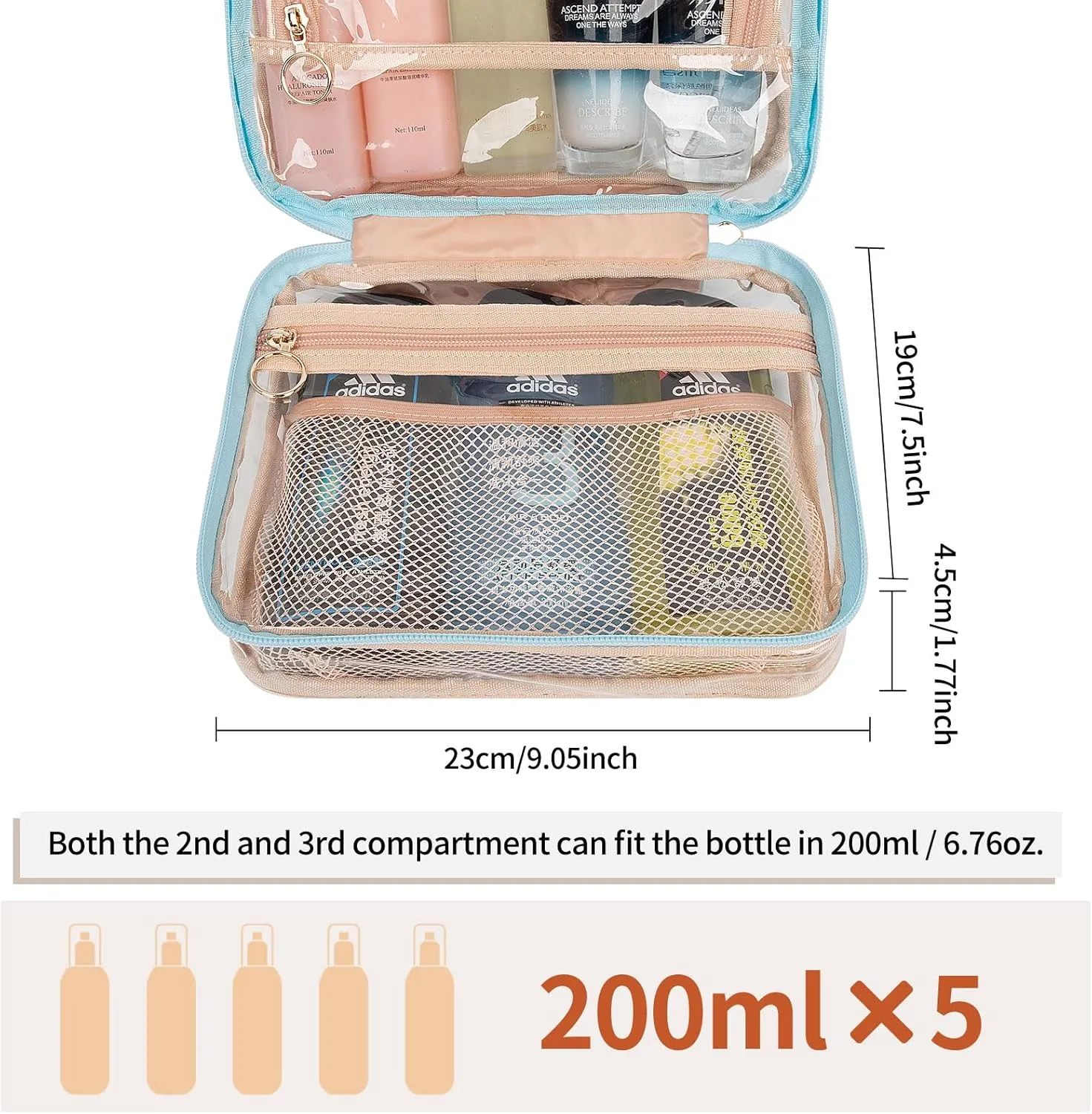 CUBETASTIC Hanging Travel Toiletry Bag, Clear Makeup Bag, Transparent 3 Comparment Small Travel Bag Cosmetic Organizer Case Portable Skincare Pouch with Handle (Blue, Small (Pack of 1))