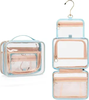 CUBETASTIC Hanging Travel Toiletry Bag, Clear Makeup Bag, Transparent 3 Comparment Small Travel Bag Cosmetic Organizer Case Portable Skincare Pouch with Handle (Blue, Small (Pack of 1))
