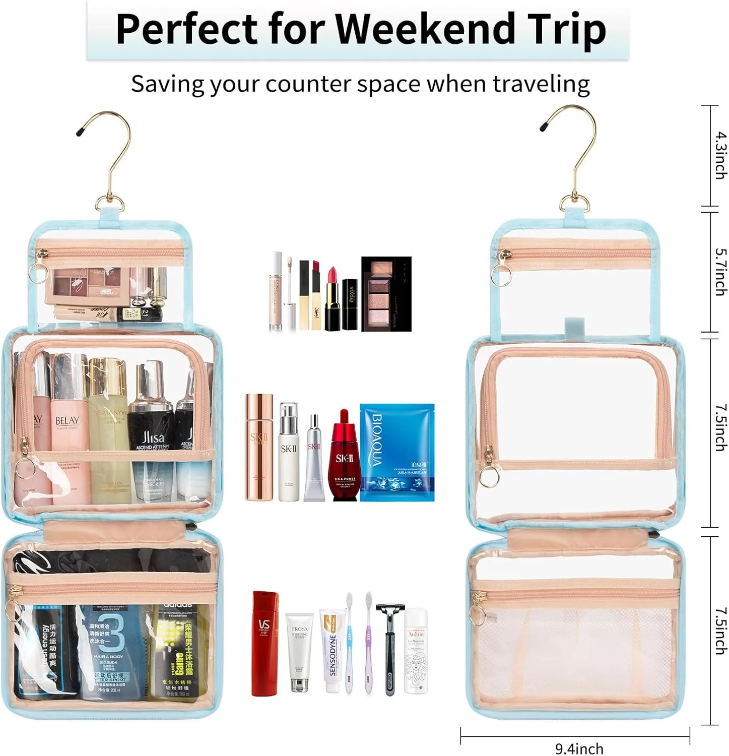 CUBETASTIC Hanging Travel Toiletry Bag, Clear Makeup Bag, Transparent 3 Comparment Small Travel Bag Cosmetic Organizer Case Portable Skincare Pouch with Handle (Blue, Small (Pack of 1))