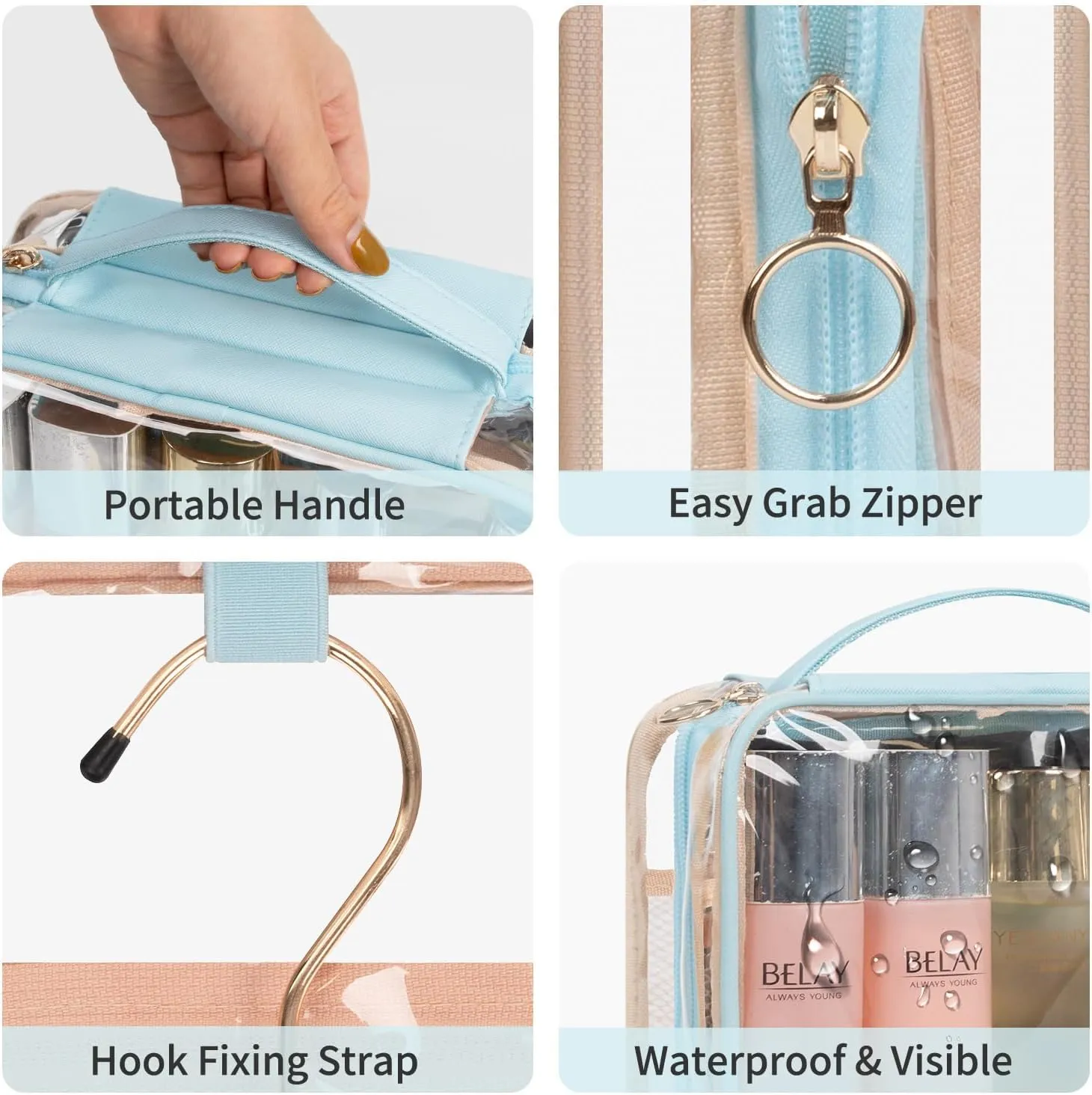 CUBETASTIC Hanging Travel Toiletry Bag, Clear Makeup Bag, Transparent 3 Comparment Small Travel Bag Cosmetic Organizer Case Portable Skincare Pouch with Handle (Blue, Small (Pack of 1))