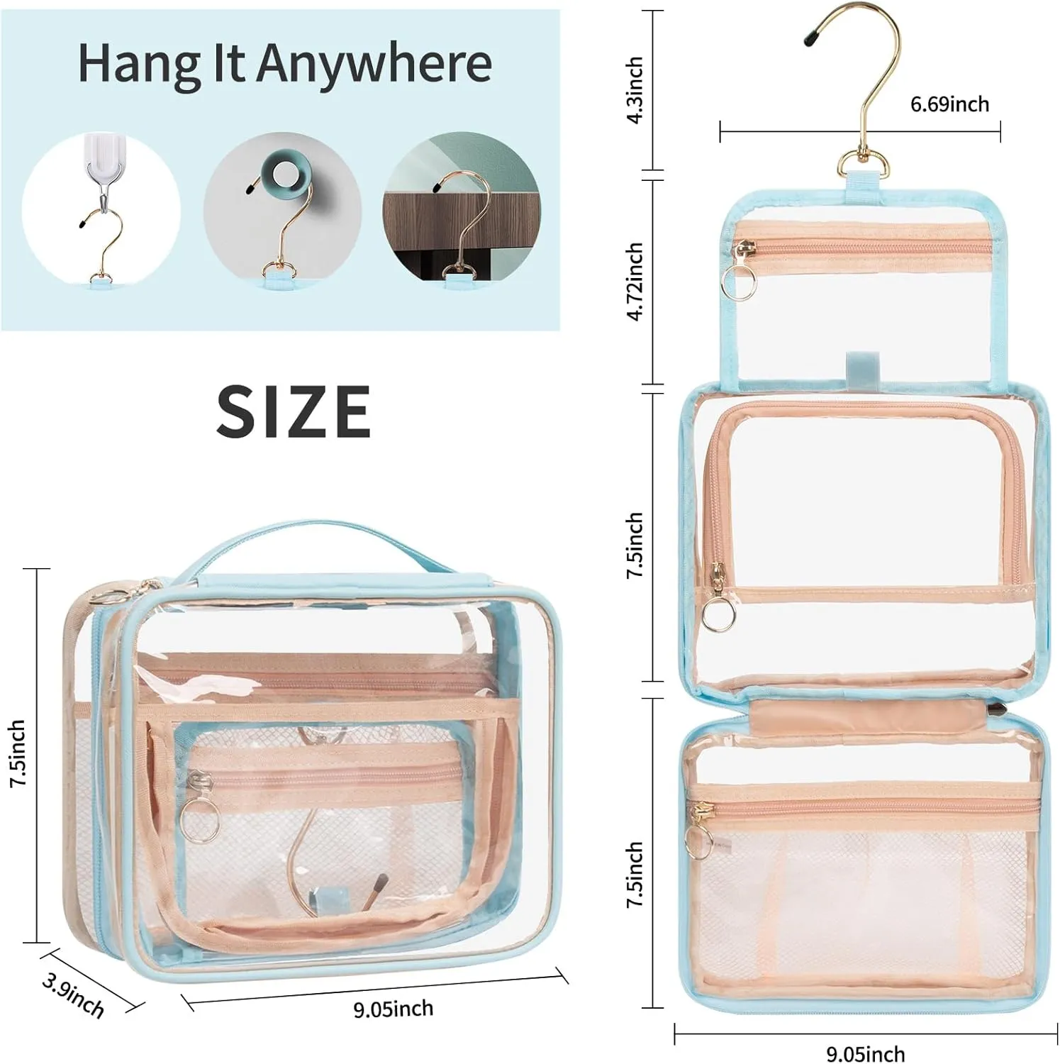 CUBETASTIC Hanging Travel Toiletry Bag, Clear Makeup Bag, Transparent 3 Comparment Small Travel Bag Cosmetic Organizer Case Portable Skincare Pouch with Handle (Blue, Small (Pack of 1))