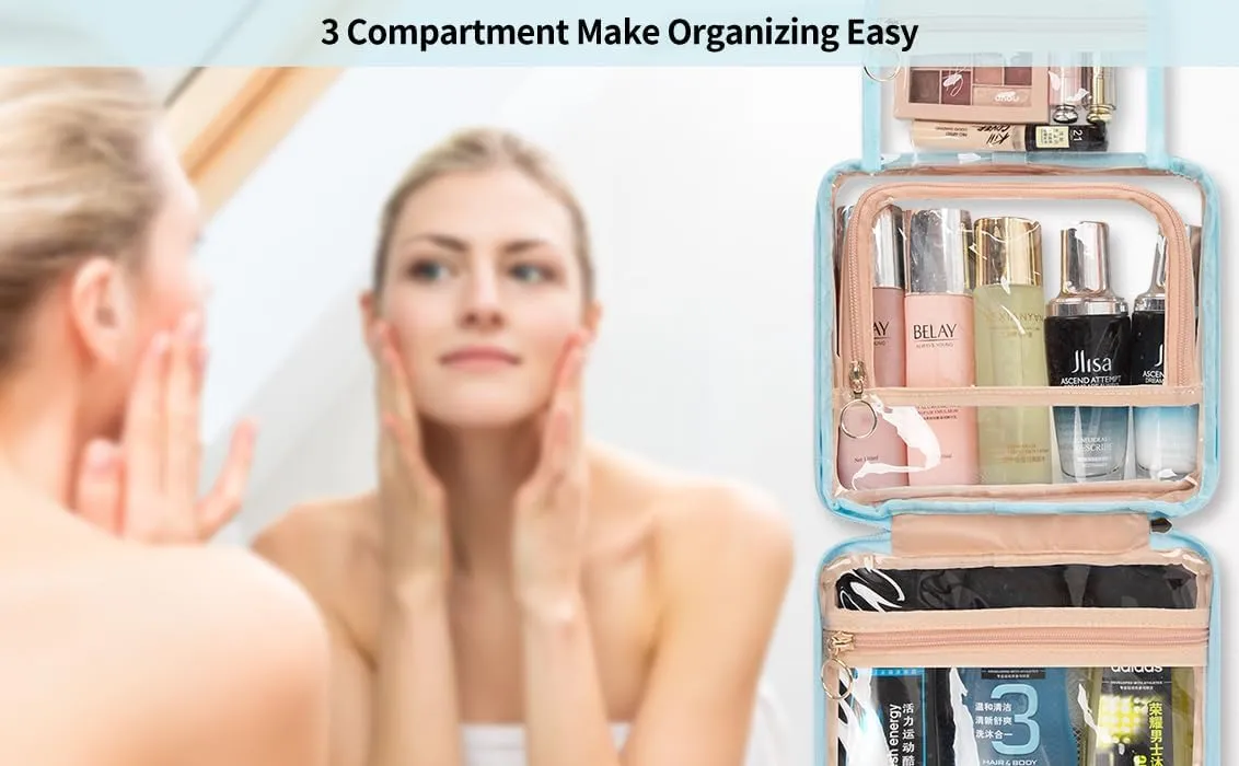 CUBETASTIC Hanging Travel Toiletry Bag, Clear Makeup Bag, Transparent 3 Comparment Small Travel Bag Cosmetic Organizer Case Portable Skincare Pouch with Handle (Blue, Small (Pack of 1))