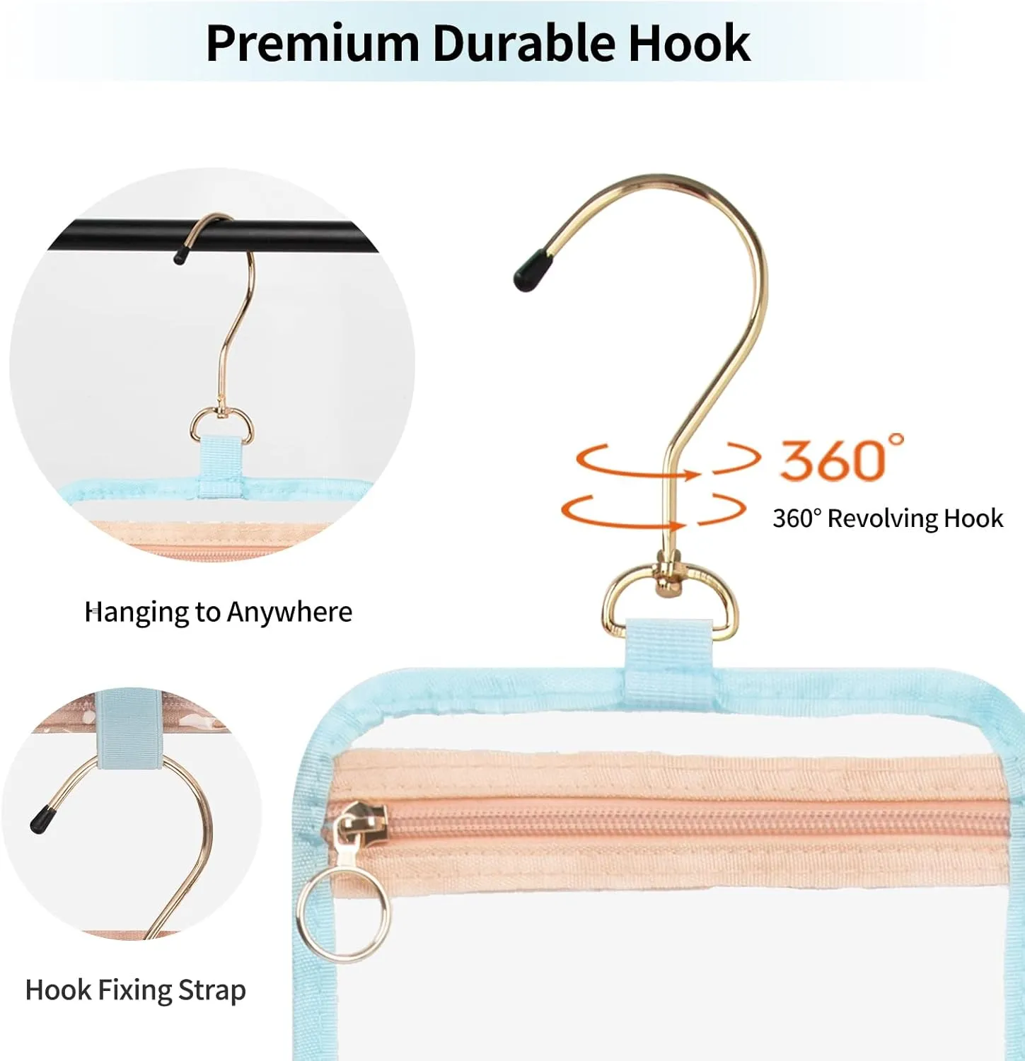 CUBETASTIC Hanging Travel Toiletry Bag, Clear Makeup Bag, Transparent 3 Comparment Small Travel Bag Cosmetic Organizer Case Portable Skincare Pouch with Handle (Blue, Small (Pack of 1))
