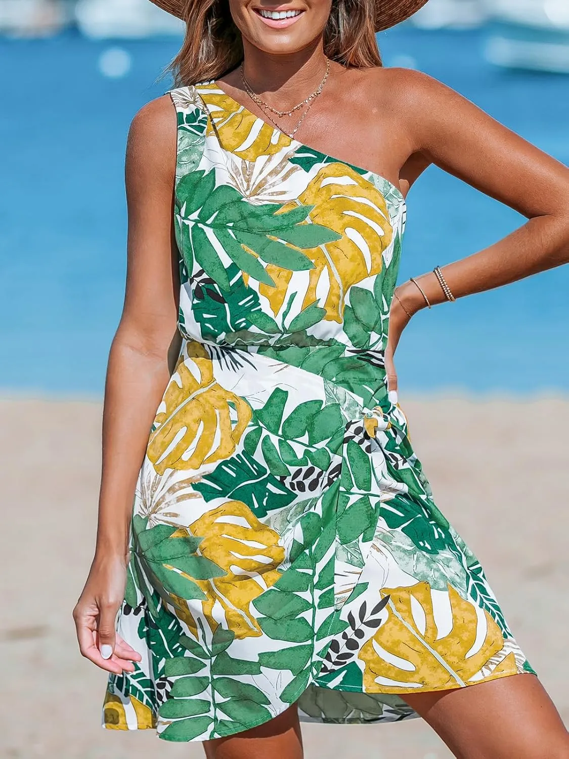 CUPSHE Women's One Shoulder Leaf Print Self-tie Short Dress Sleeveless Tiered Hem Formal Dress Casual Mini Dress