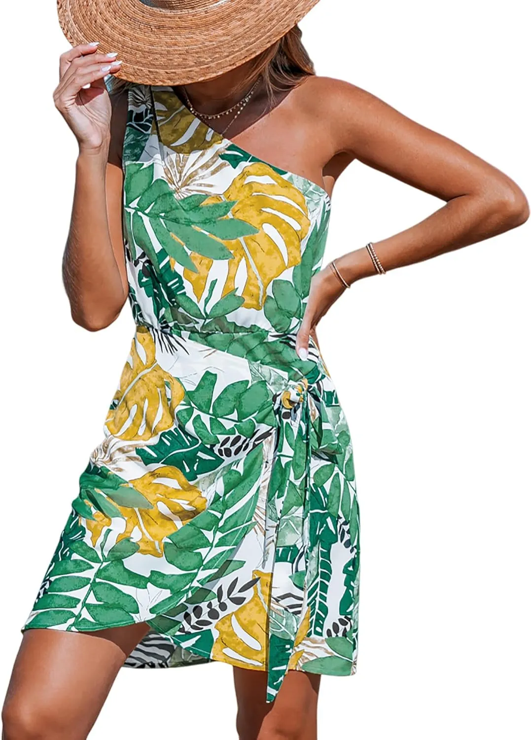 CUPSHE Women's One Shoulder Leaf Print Self-tie Short Dress Sleeveless Tiered Hem Formal Dress Casual Mini Dress