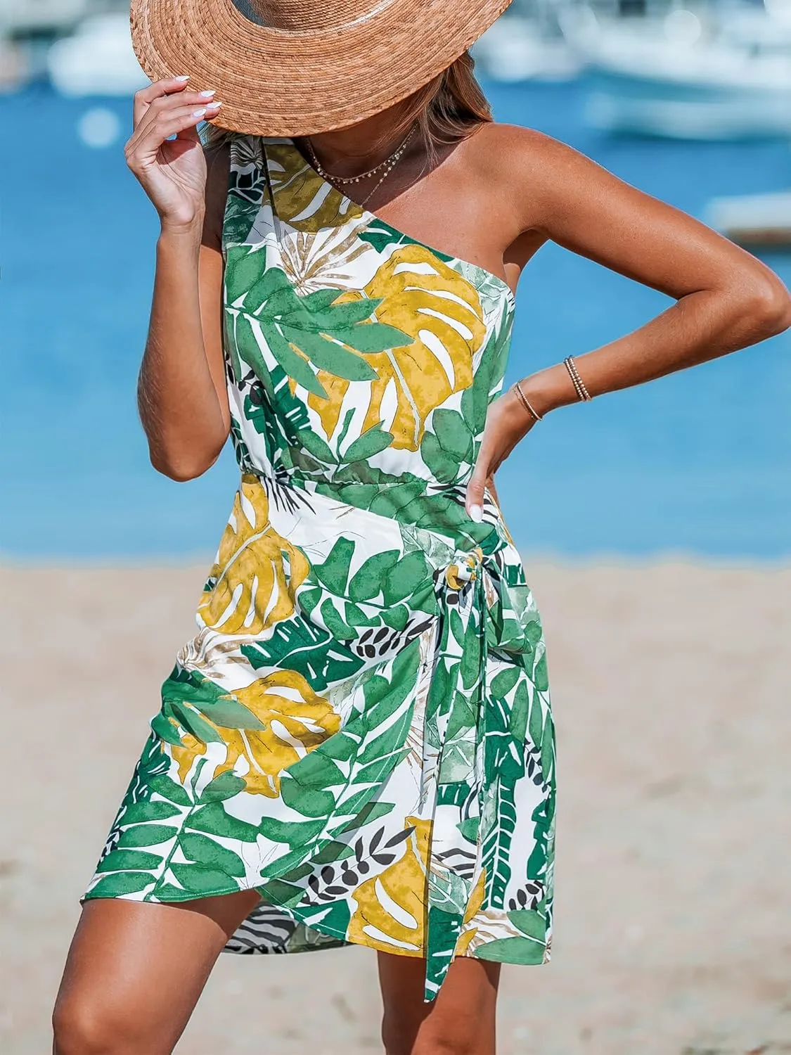 CUPSHE Women's One Shoulder Leaf Print Self-tie Short Dress Sleeveless Tiered Hem Formal Dress Casual Mini Dress