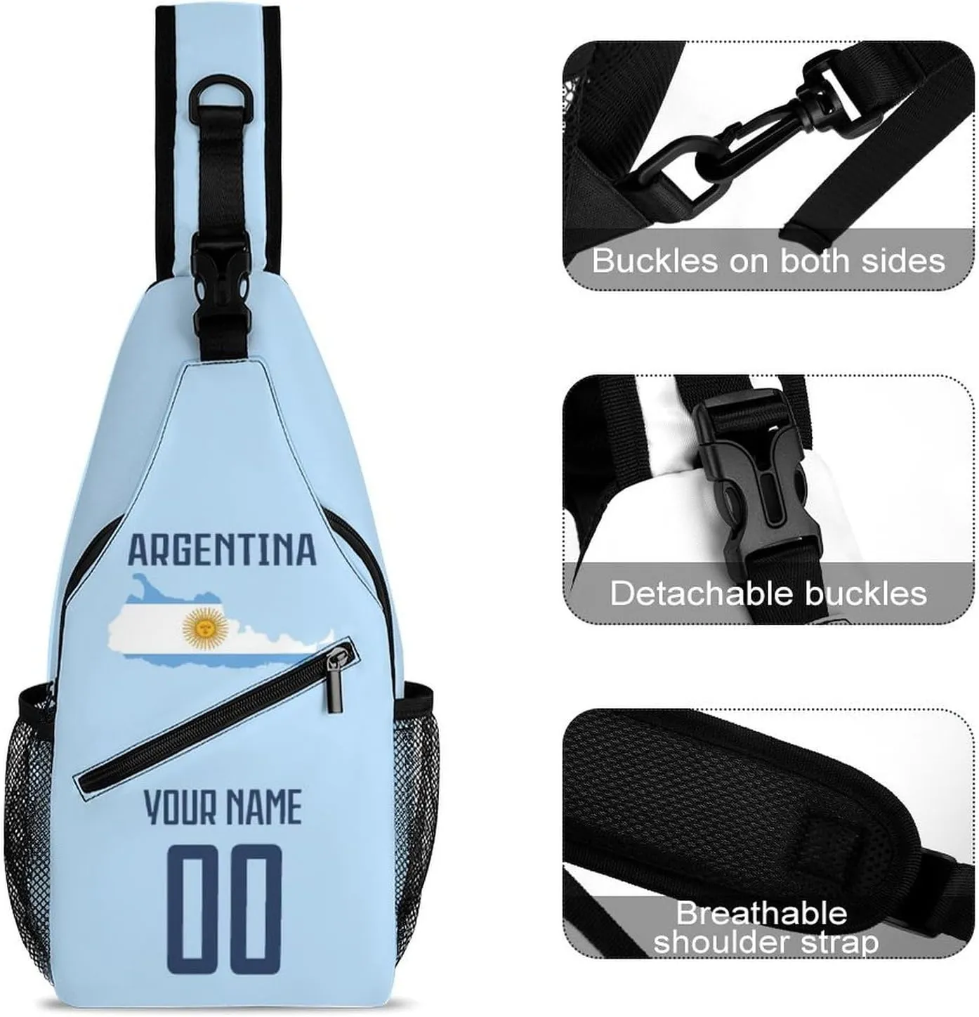 Custom Argentina Sling Bag,Soccer Chest Bag,Personalized Any Name Number Crossbody Backpack,Cycling Travel Daypack For Men Women