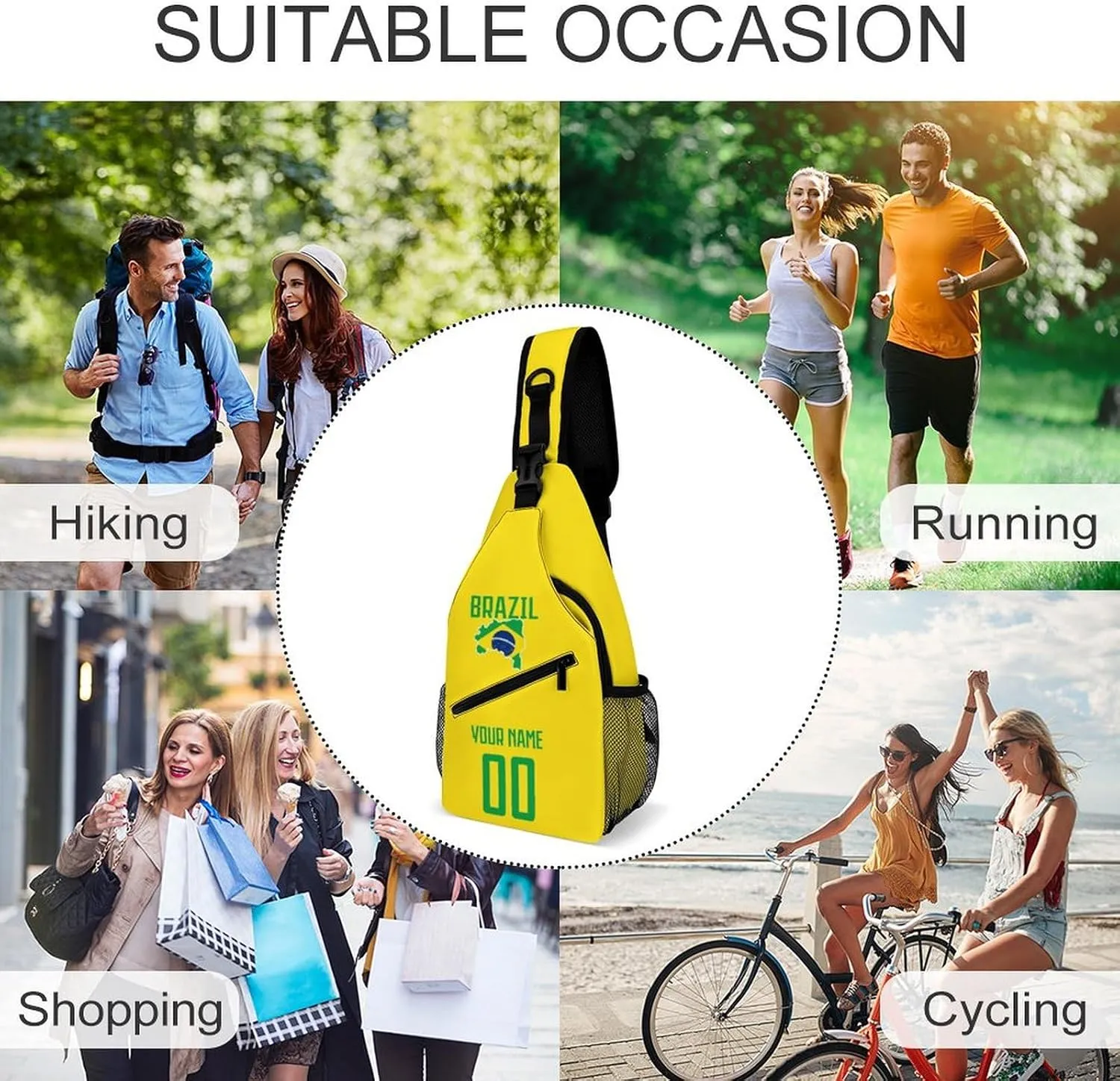 Custom Brazil Sling Bag,Soccer Chest Bag,Personalized Any Name Number Crossbody Backpack,Cycling Travel Daypack For Men Women