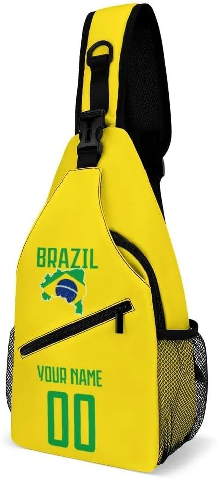 Custom Brazil Sling Bag,Soccer Chest Bag,Personalized Any Name Number Crossbody Backpack,Cycling Travel Daypack For Men Women