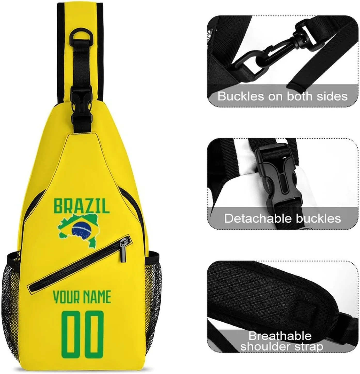 Custom Brazil Sling Bag,Soccer Chest Bag,Personalized Any Name Number Crossbody Backpack,Cycling Travel Daypack For Men Women