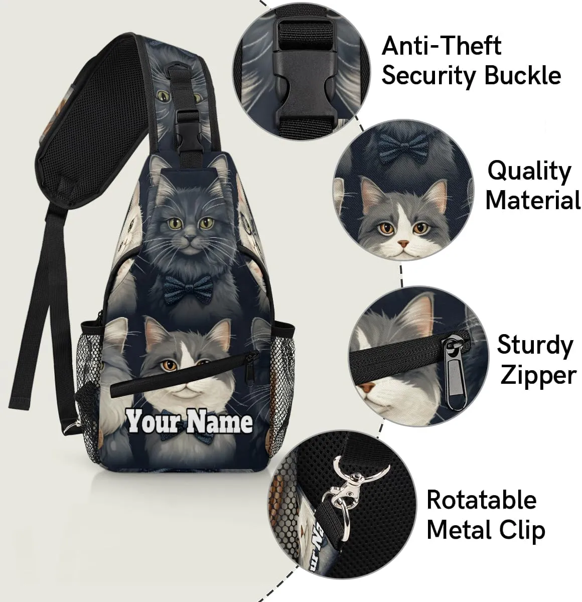 Custom Sling Bag With Name, Personalized Crossbody Shoulder Backpack for Men Women, Cat Multipurpose Chest Pack,Leisure Sports Outdoor, Funny Cat