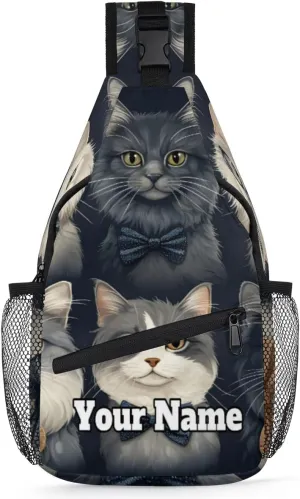 Custom Sling Bag With Name, Personalized Crossbody Shoulder Backpack for Men Women, Cat Multipurpose Chest Pack,Leisure Sports Outdoor, Funny Cat