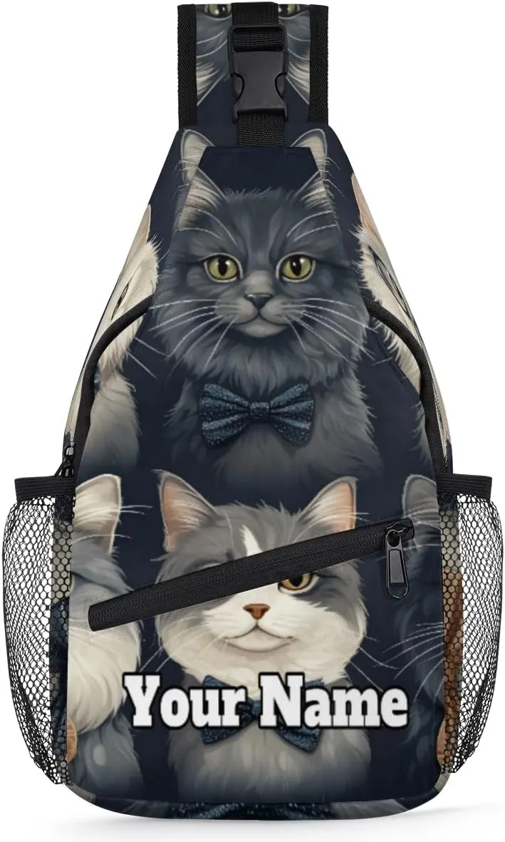 Custom Sling Bag With Name, Personalized Crossbody Shoulder Backpack for Men Women, Cat Multipurpose Chest Pack,Leisure Sports Outdoor, Funny Cat