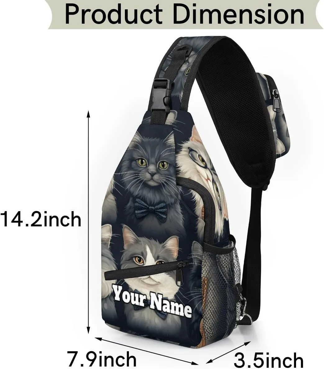 Custom Sling Bag With Name, Personalized Crossbody Shoulder Backpack for Men Women, Cat Multipurpose Chest Pack,Leisure Sports Outdoor, Funny Cat