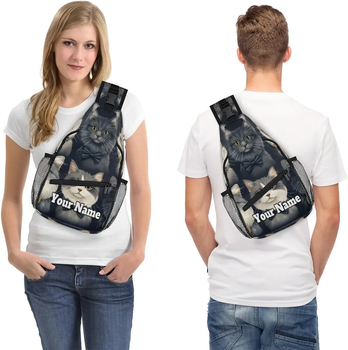 Custom Sling Bag With Name, Personalized Crossbody Shoulder Backpack for Men Women, Cat Multipurpose Chest Pack,Leisure Sports Outdoor, Funny Cat