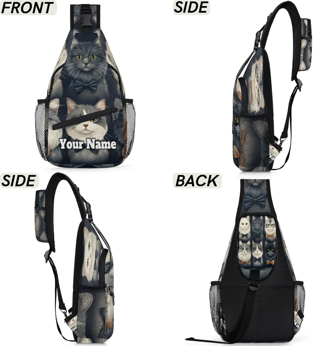 Custom Sling Bag With Name, Personalized Crossbody Shoulder Backpack for Men Women, Cat Multipurpose Chest Pack,Leisure Sports Outdoor, Funny Cat