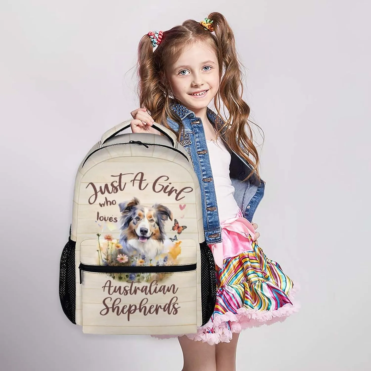Cute Backpack for Dog Lovers, Cartoon Dog Theme Backpacks for Girls, 17" Australian Shepherd Print Bookbag for School, Beige Large Lightweight Daypack for Travel