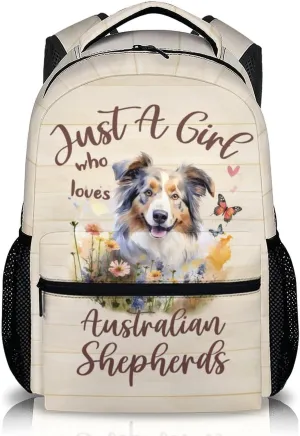 Cute Backpack for Dog Lovers, Cartoon Dog Theme Backpacks for Girls, 17" Australian Shepherd Print Bookbag for School, Beige Large Lightweight Daypack for Travel