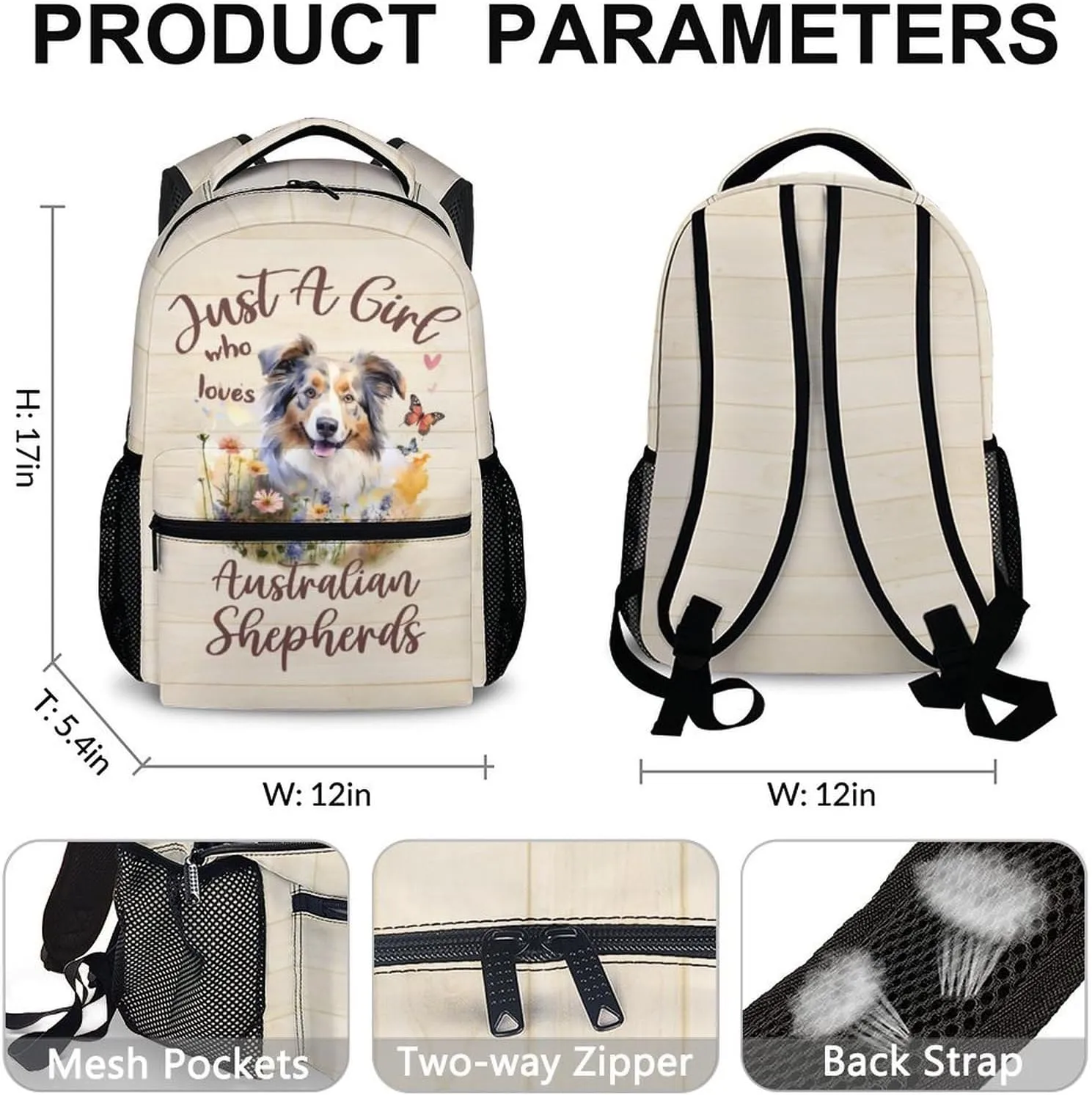 Cute Backpack for Dog Lovers, Cartoon Dog Theme Backpacks for Girls, 17" Australian Shepherd Print Bookbag for School, Beige Large Lightweight Daypack for Travel