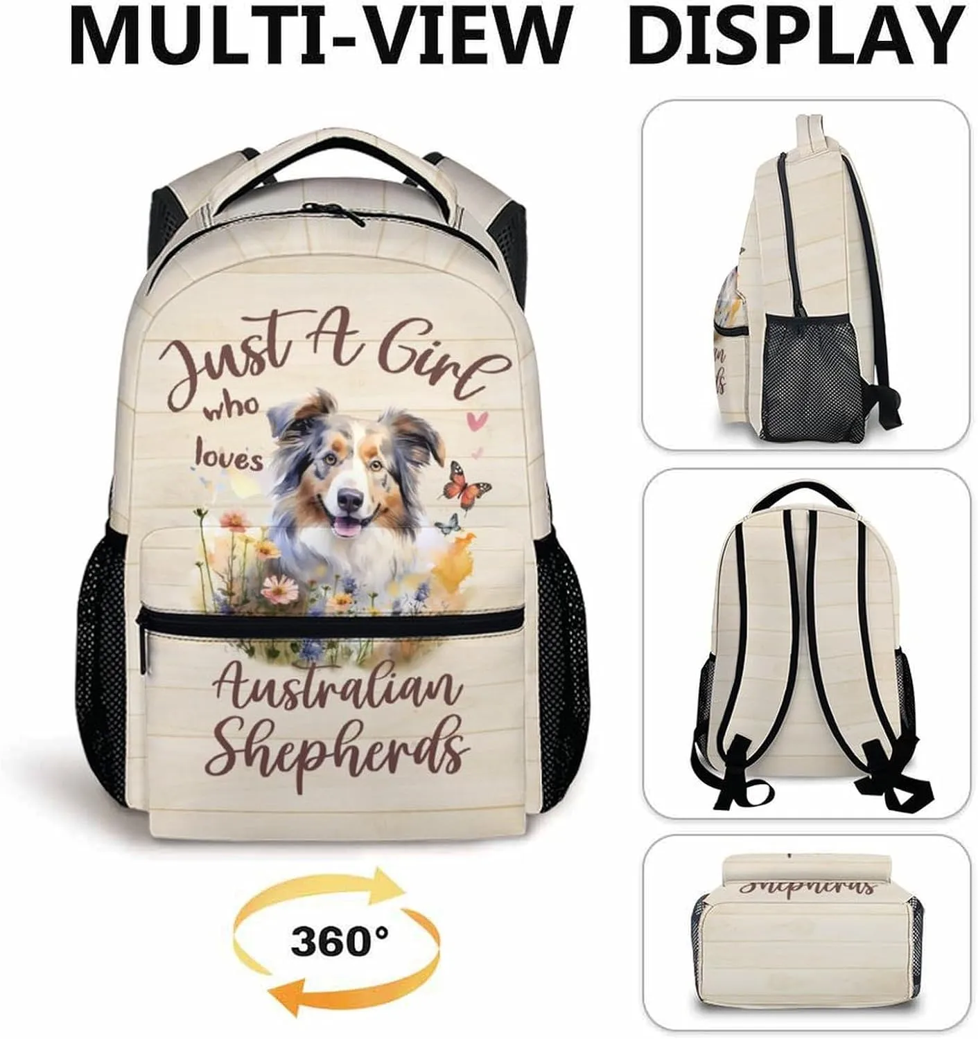 Cute Backpack for Dog Lovers, Cartoon Dog Theme Backpacks for Girls, 17" Australian Shepherd Print Bookbag for School, Beige Large Lightweight Daypack for Travel