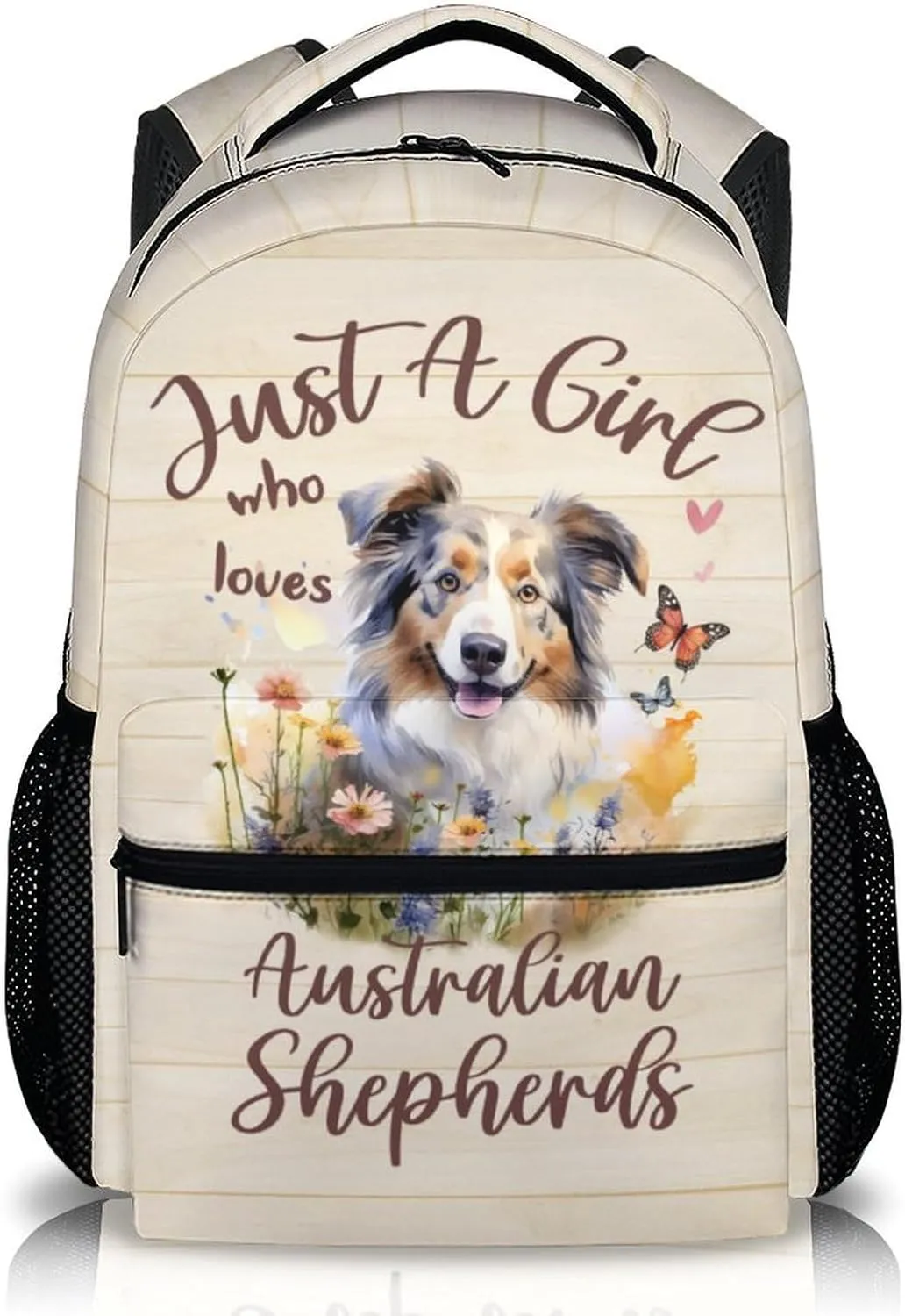 Cute Backpack for Dog Lovers, Cartoon Dog Theme Backpacks for Girls, 17" Australian Shepherd Print Bookbag for School, Beige Large Lightweight Daypack for Travel