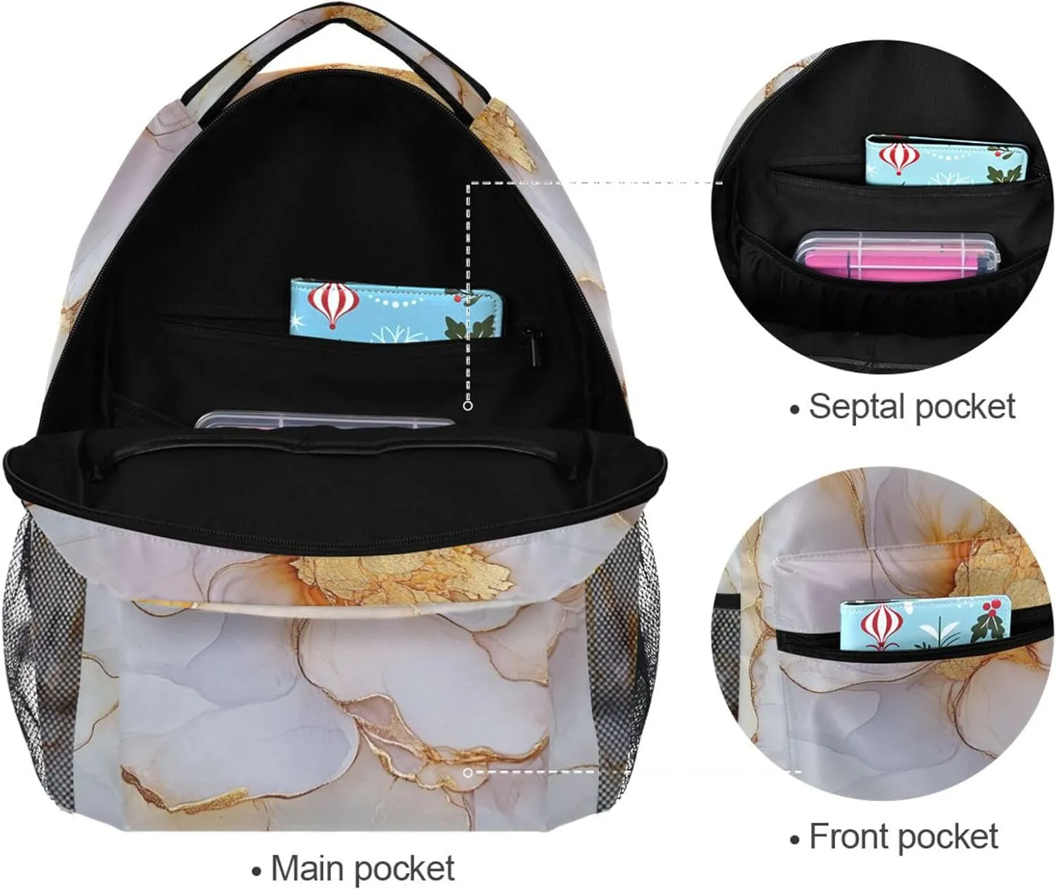 Cute Backpack for Teacher Nurse Waterproof Vintage Daypacks with Chest Strap for Travel Trip Marble White Beige
