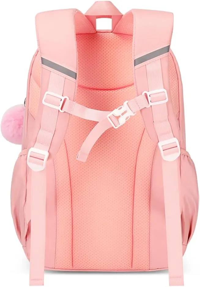 Cute Backpack Girls Large Capacity School Bag Set with Pen Bag and Plush Ball Keychain Sweet Bookbag for Kids (Beige and Pink)