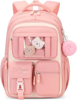 Cute Backpack Girls Large Capacity School Bag Set with Pen Bag and Plush Ball Keychain Sweet Bookbag for Kids (Beige and Pink)