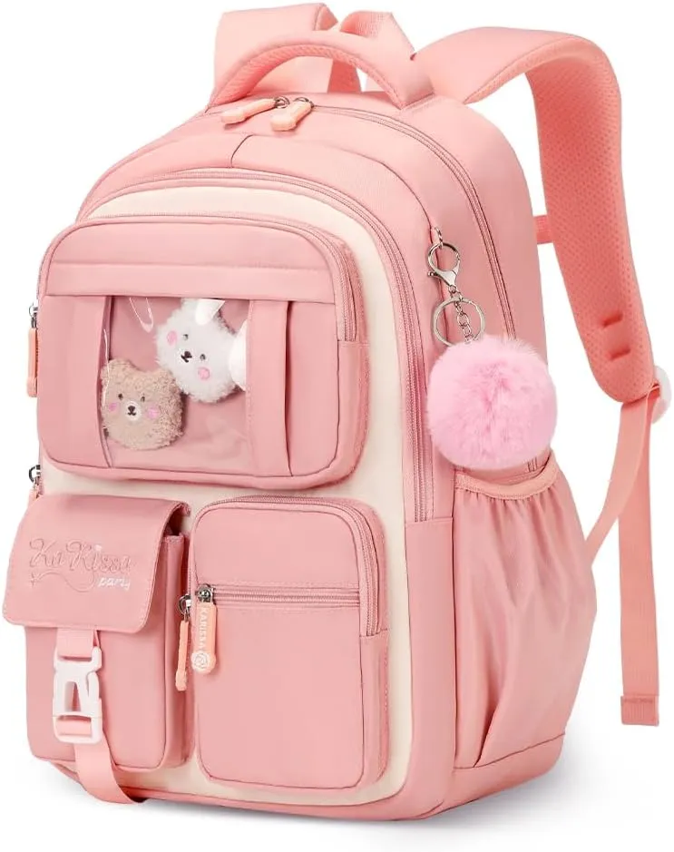Cute Backpack Girls Large Capacity School Bag Set with Pen Bag and Plush Ball Keychain Sweet Bookbag for Kids (Beige and Pink)