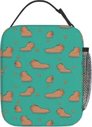 Cute Capybara Play Eat Food Capybaras In The Water Insulated Lunch Bag Portable Reusable Zipper Lunch Box For Men Women Work Picnic Travel Camping