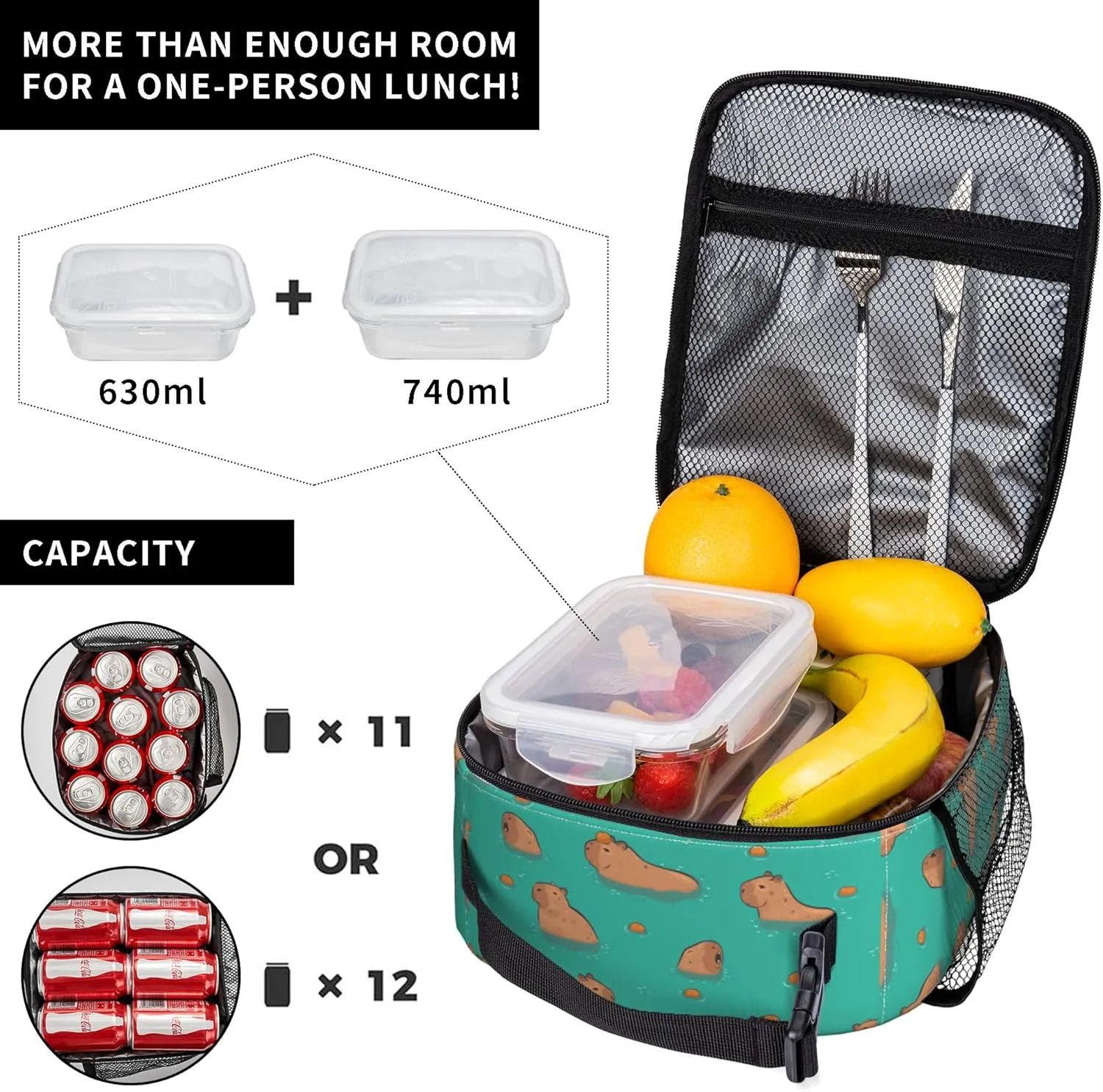 Cute Capybara Play Eat Food Capybaras In The Water Insulated Lunch Bag Portable Reusable Zipper Lunch Box For Men Women Work Picnic Travel Camping