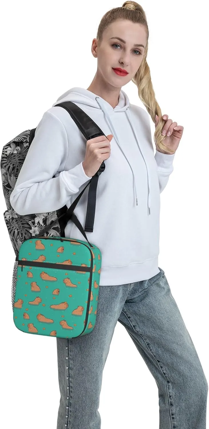 Cute Capybara Play Eat Food Capybaras In The Water Insulated Lunch Bag Portable Reusable Zipper Lunch Box For Men Women Work Picnic Travel Camping