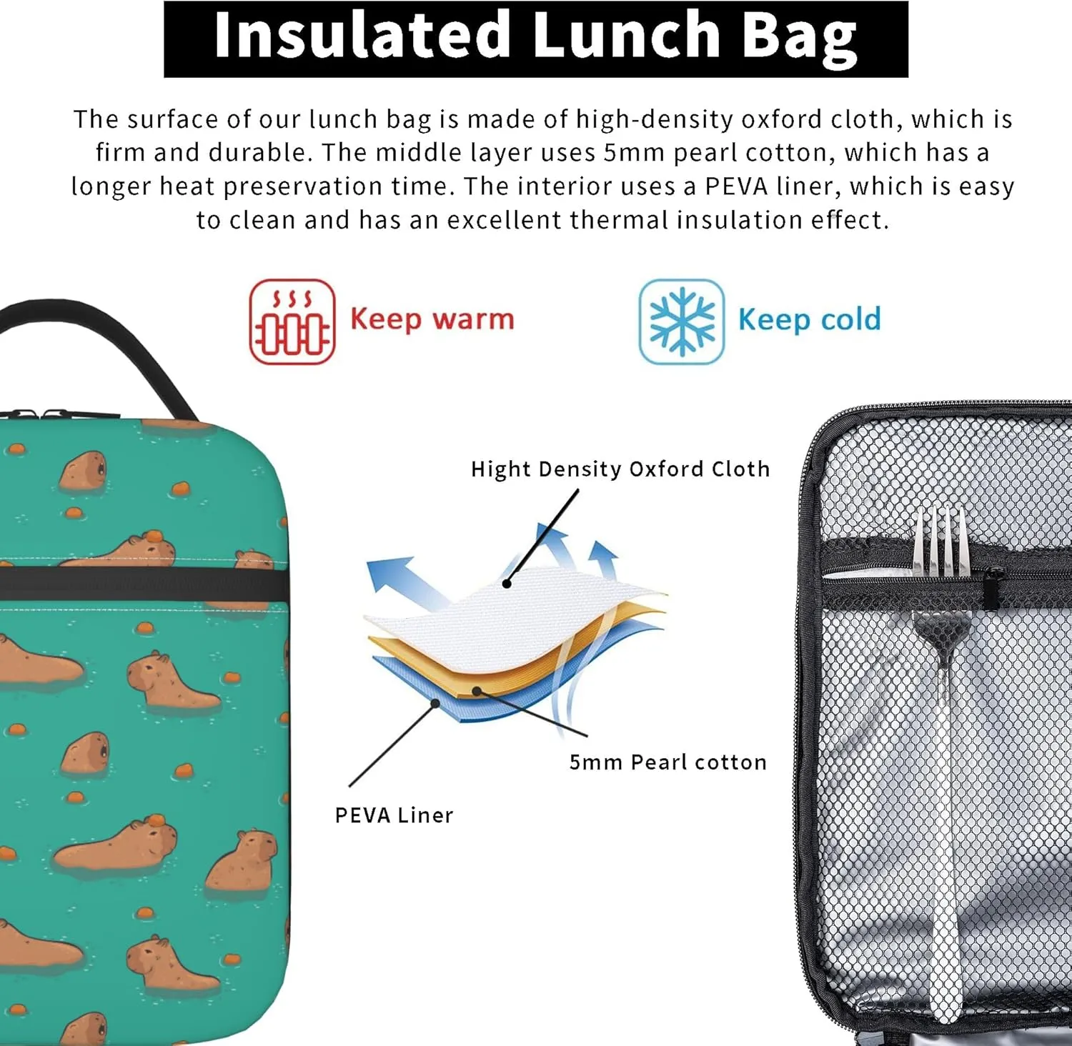Cute Capybara Play Eat Food Capybaras In The Water Insulated Lunch Bag Portable Reusable Zipper Lunch Box For Men Women Work Picnic Travel Camping