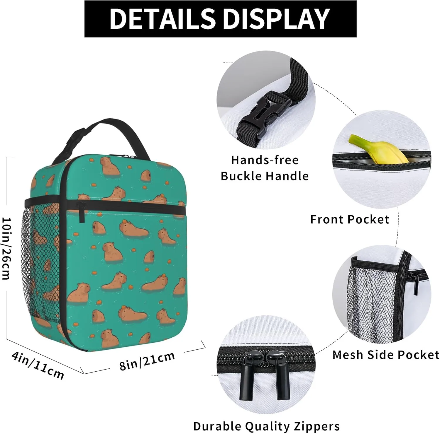 Cute Capybara Play Eat Food Capybaras In The Water Insulated Lunch Bag Portable Reusable Zipper Lunch Box For Men Women Work Picnic Travel Camping