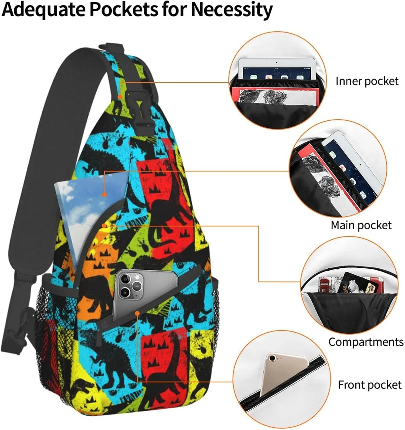 Cute Dinosaur Sling Bag Crossbody Backpack Hiking Travel Daypack Chest Bag Lightweight Shoulder Bag For Women Men