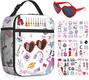 Cute Insulated Lunch Bag Popular Music People Lunch Bag Set Include Red Sunglasses Tattoo Sticker Large Capacity Tote Bag for Women Girls Music Lovers