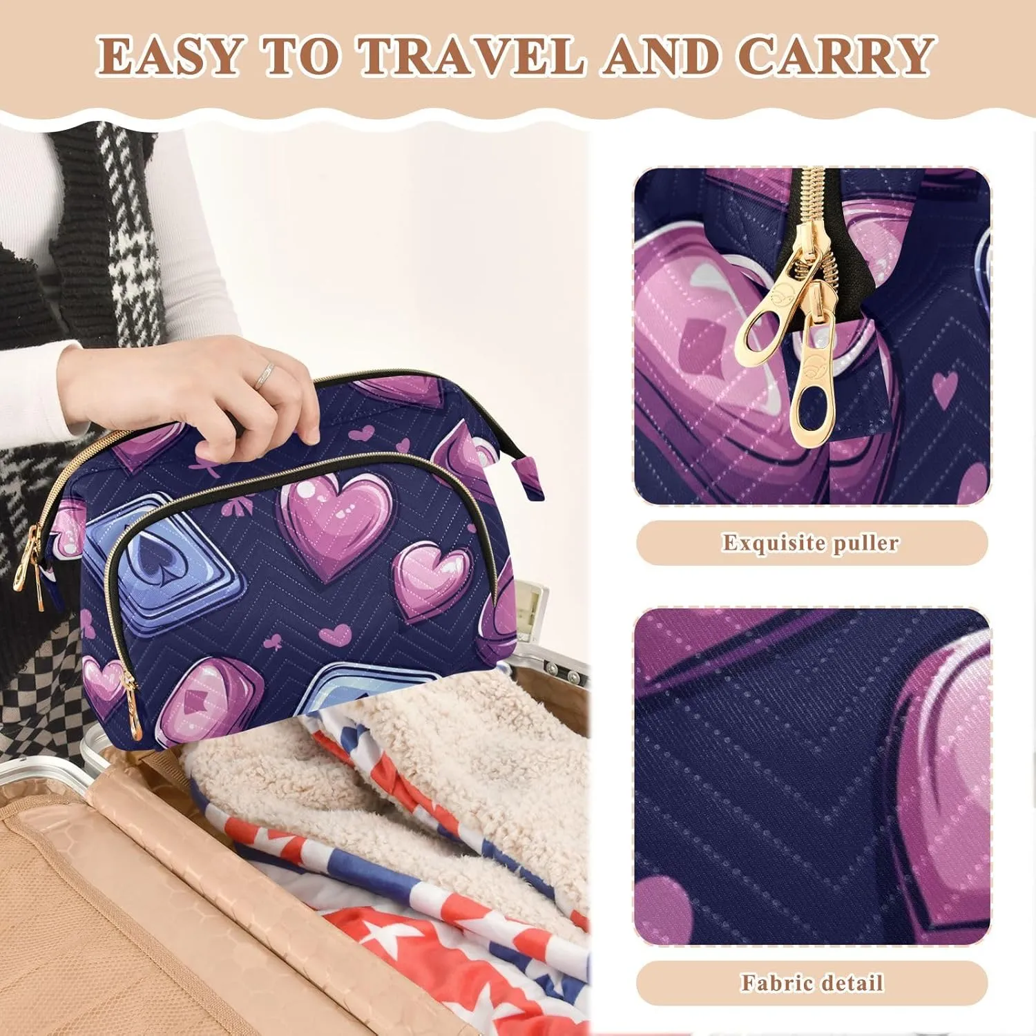 Cute Lavender Casino Style Makeup Bag Waterproof Capacity Travel Cosmetic Bag Women's Coin Change Purse for Toiletry Organizer