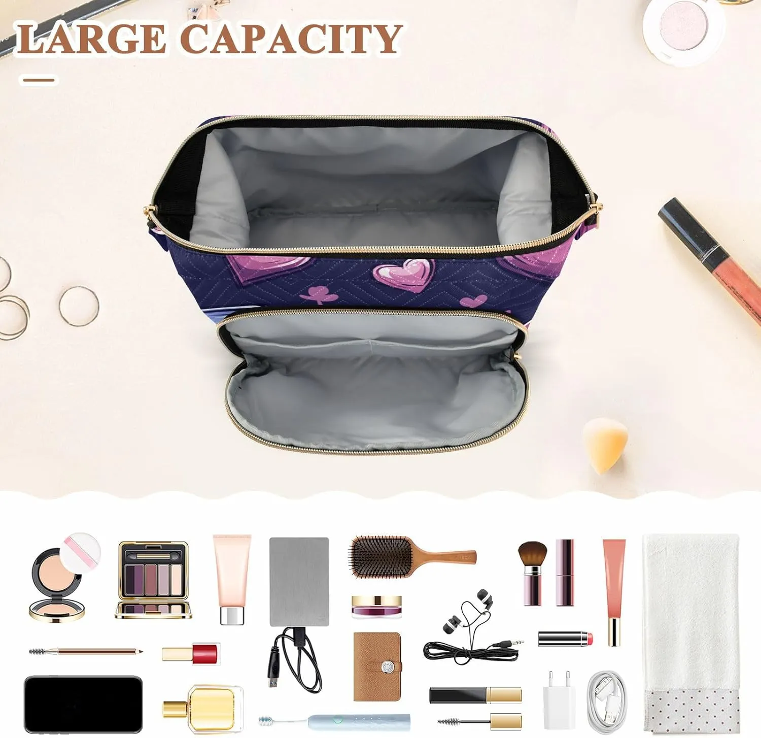 Cute Lavender Casino Style Makeup Bag Waterproof Capacity Travel Cosmetic Bag Women's Coin Change Purse for Toiletry Organizer