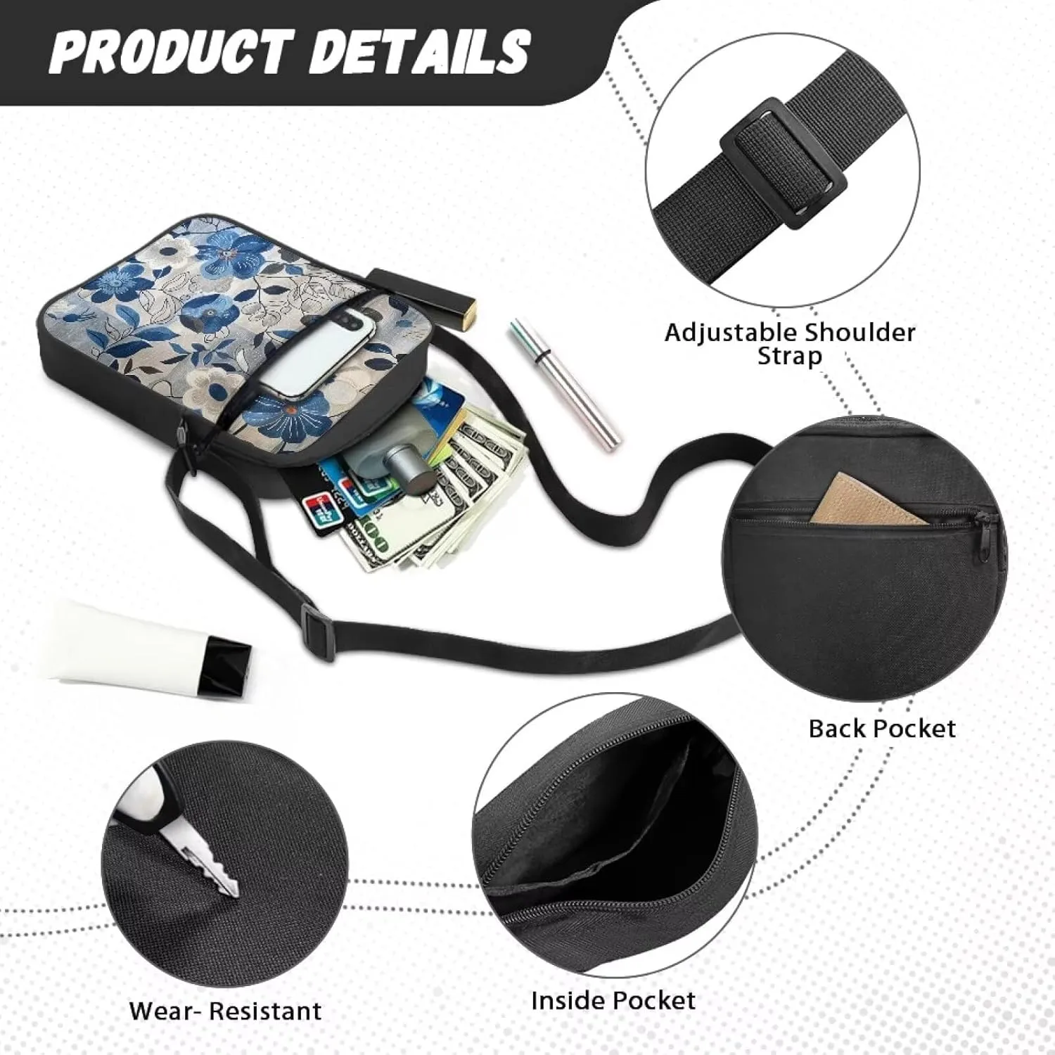 Cute Messenger Bag with Zipper and Front Pocket Sling Crossbody Shoulder Bags Adjustable Strap