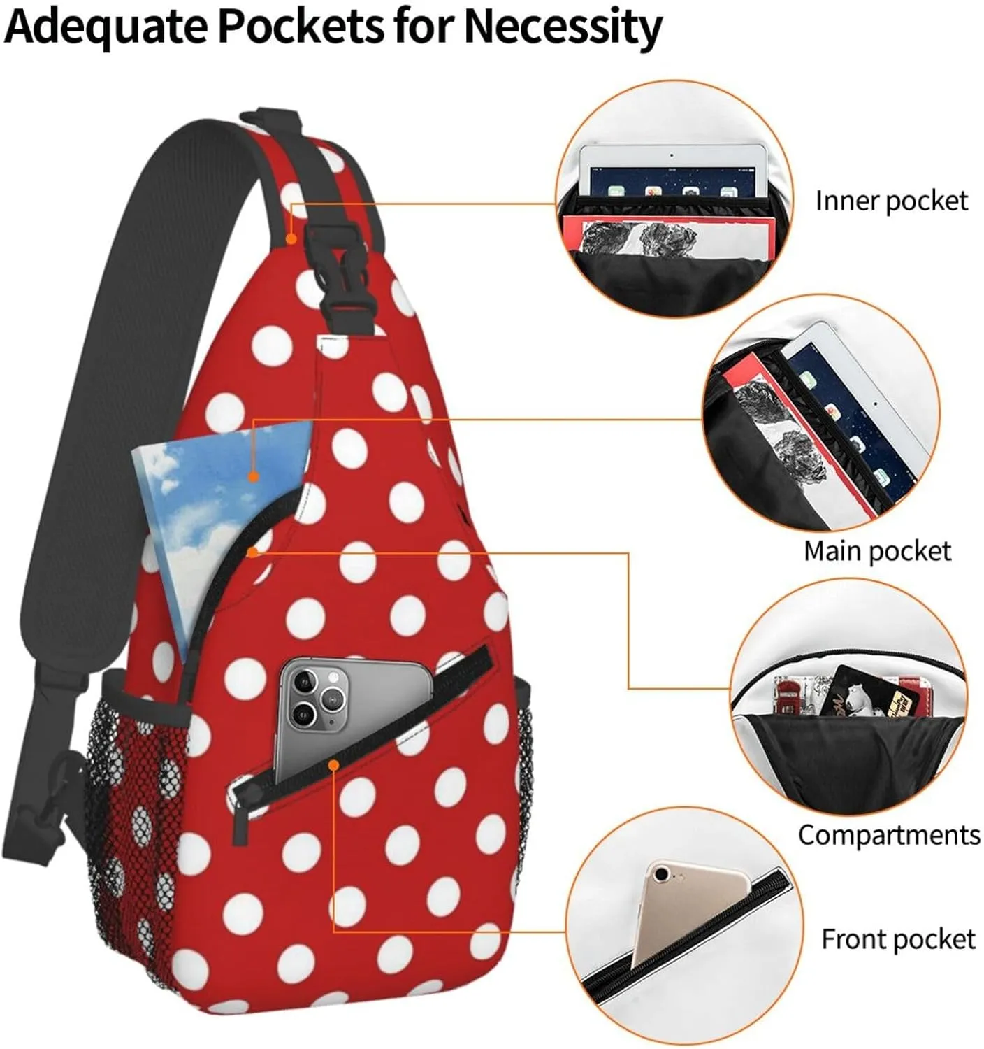 Cute Polka Dots Crossbody Sling Backpack Sling Bag Travel Hiking White Black Dots Chest Bag Daypack for Women Men