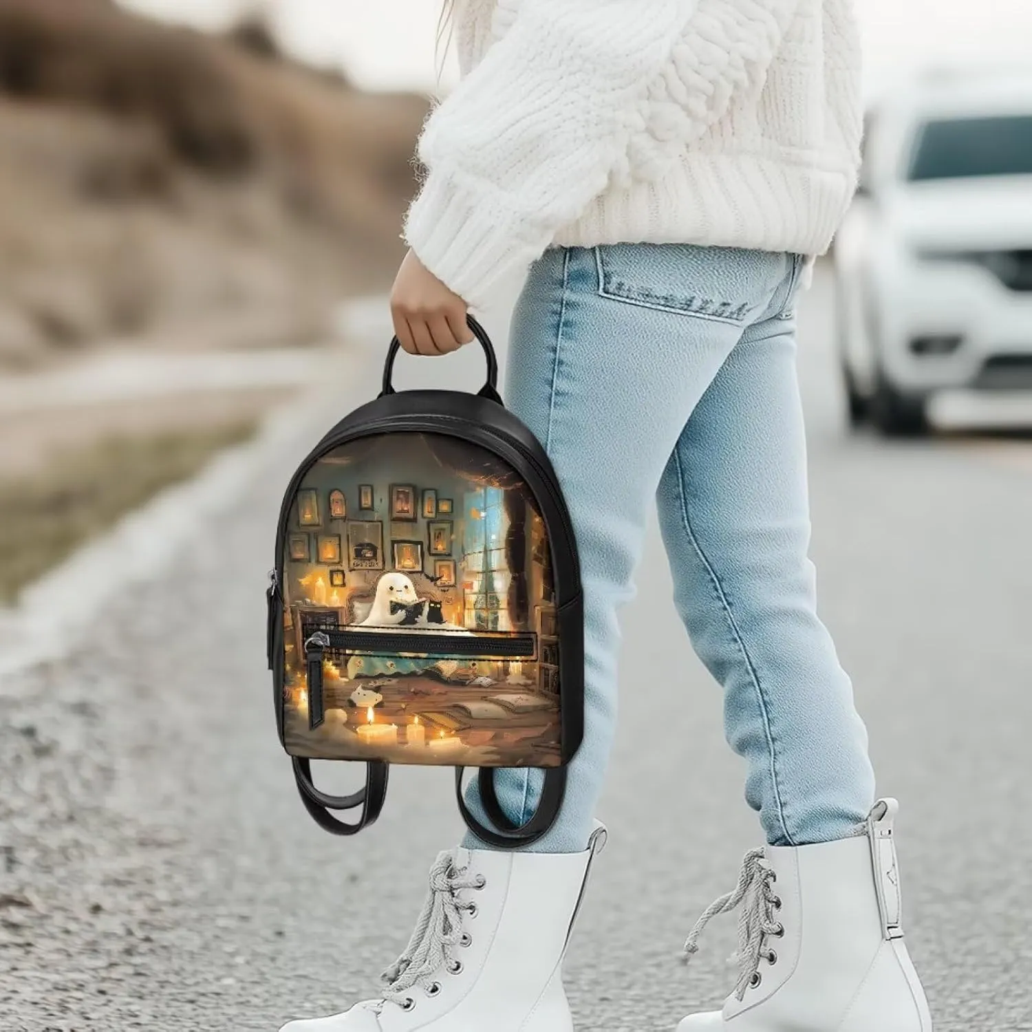 Cute Reading Ghost Pattern Mini Backpack Purse For Women Teen Girls Handbag Tote Small Travel Shopping Bag Kids' Backpack For School Travel Vacation Mini Casual Daypack
