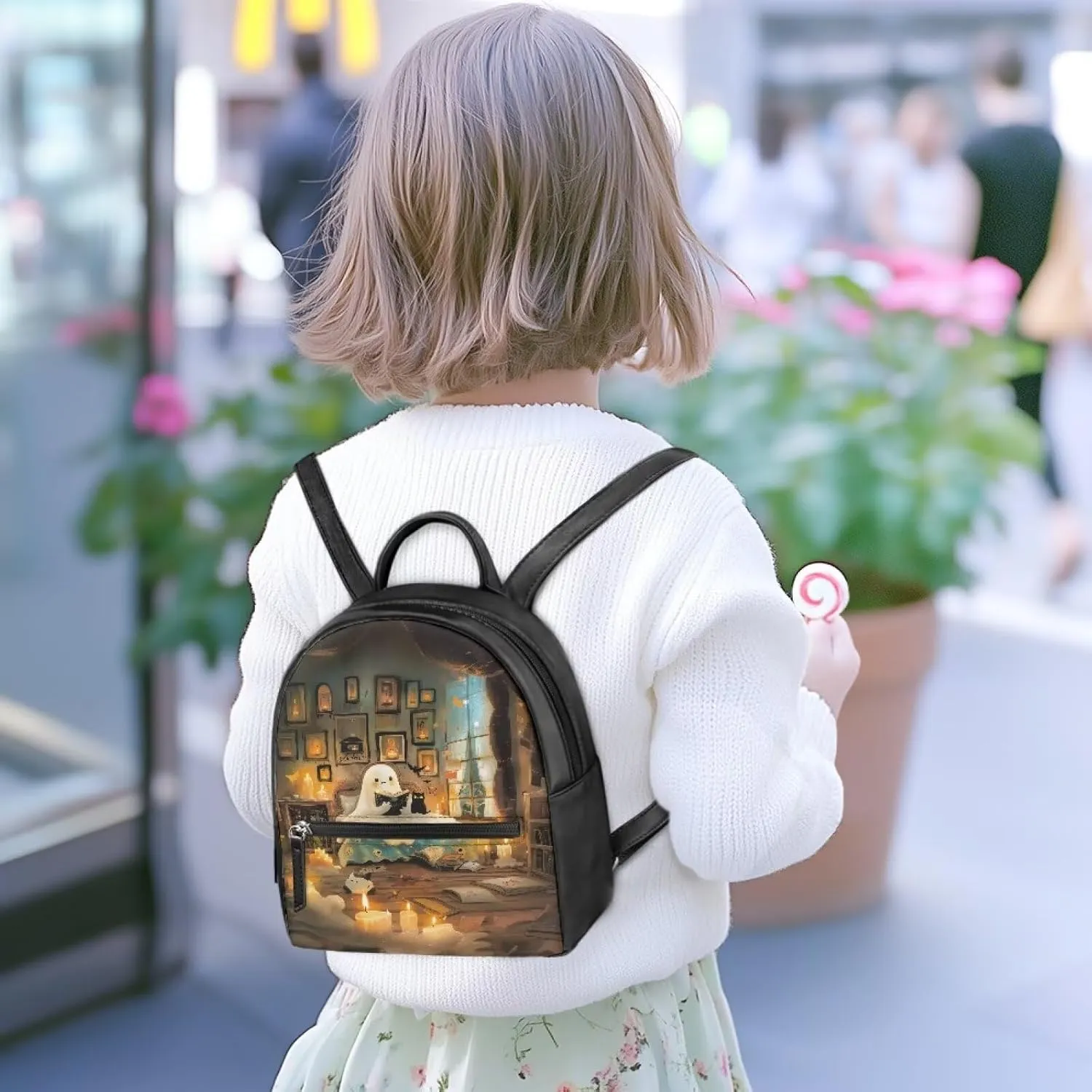 Cute Reading Ghost Pattern Mini Backpack Purse For Women Teen Girls Handbag Tote Small Travel Shopping Bag Kids' Backpack For School Travel Vacation Mini Casual Daypack