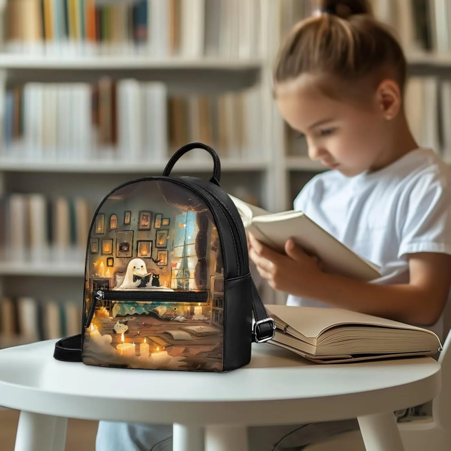 Cute Reading Ghost Pattern Mini Backpack Purse For Women Teen Girls Handbag Tote Small Travel Shopping Bag Kids' Backpack For School Travel Vacation Mini Casual Daypack