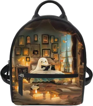 Cute Reading Ghost Pattern Mini Backpack Purse For Women Teen Girls Handbag Tote Small Travel Shopping Bag Kids' Backpack For School Travel Vacation Mini Casual Daypack