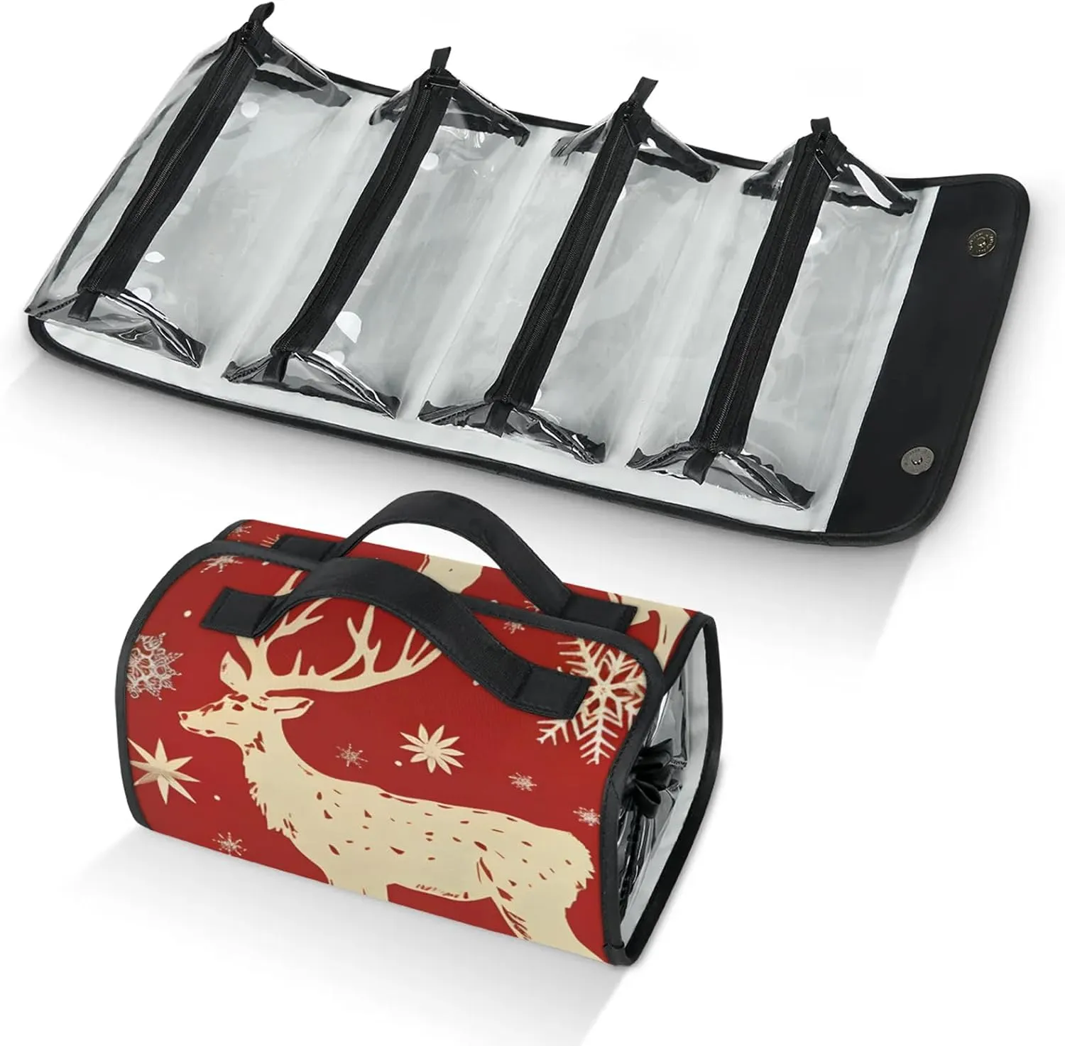 Deer Xmas Tree Reindeer Travel Toiletry Bag for Women, 4 in 1 Roll Up Makeup Cosmetic Bag With 4 Removable PVC Zipper Pouch
